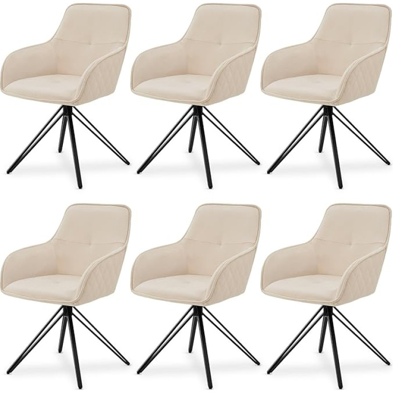 Juskys Clyde Swivel Chairs with Armrests Set of 6 - Dining Room Chairs Modern with Fabric Cover - Upholstered Chair Dining Room - 120 kg Load Capacity - Chair Velvet Beige