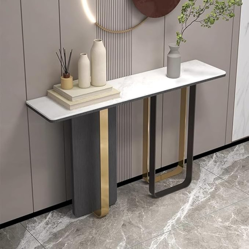 Console Sofa Table Console Table Slim Console Table with High Gloss Sintered Stone Marble Effect and Black Gold Legs Top with Rock Top Narrow Tall Modern Sofa Side Tables