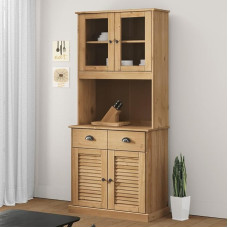 KOIECETA Vigo Highboard Kitchen Cabinet Showcase Cupboard Solid Wood Pine Sideboard Dining Room Cabinet Display Cabinet Country House Style Rustic Chest of Drawers (Brown, with 2 Doors)