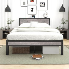 Diahomy Double Bed Metal Platform Bed Frame with Wooden Headboard/Mattress Underlay/Underbed Storage/No Box Spring Required/Grey/195 x 135 cm
