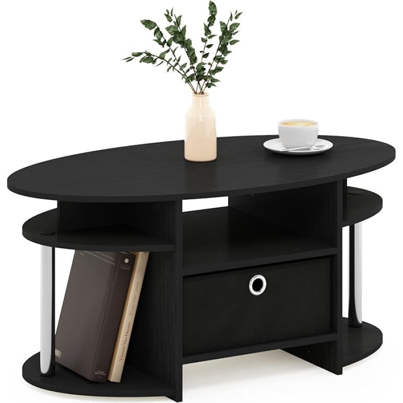 Furinno Jaya Oval Coffee Table with Simple Design and Waste Bin, Americano, Stainless Steel Tubes