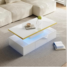 Merax High Gloss Coffee Table Side Table with Drawers and LED Lighting: Stylish Side Table with Double Shelf White