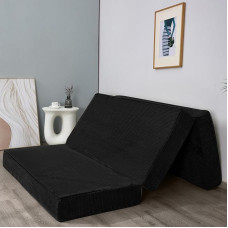MAXYOYO Foldable Corduroy Mattress, Tri-Fold Floor Mattress Thick with Washable Cover, Space Saving for Guests (Black, Double 10cm)