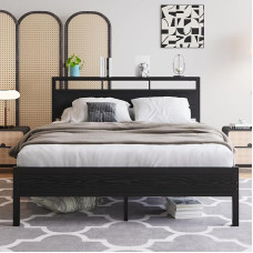 VECOCHO King Size Bed Frame with Wooden Shelf Headboard Metal Platform Bed Frame No Box Spring Required Reinforced Strong Support Leg Noise Free Black