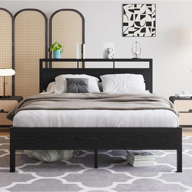 VECOCHO King Size Bed Frame with Wooden Shelf Headboard Metal Platform Bed Frame No Box Spring Required Reinforced Strong Support Leg Noise Free Black