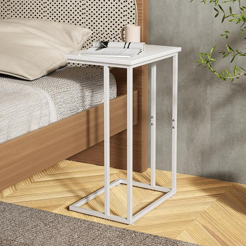 Innerjoin Wide C Side Table, C Coffee Table with Metal Frame, Small Snack Side Table for Couch and Bed, Retro Laptop C Table, Living Room and Bedroom, Industrial Style, White