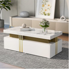 Modern Coffee Table with PVC Pattern Top and 2 Wooden Drawers, Rectangular Living Room Table, Side Table for Living Room, 100 x 50 x 40 cm (White-New)
