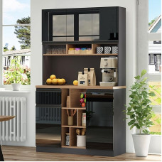DRIXNO 105 x 45 x 185 cm, black modern kitchen cabinet, buffet, sideboard, high-gloss doors, metal handles, adjustable shelves, drawers, open storage space, tilt protection