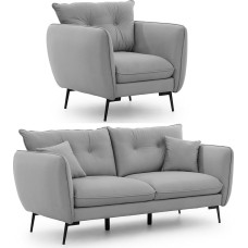 S-Style Möbel Set Sofa 3 Sitzer Sessel - 2 Stück - Schwarze Metallfüße - Samt Stoff - Freistehend - Nordloft Hellgrau