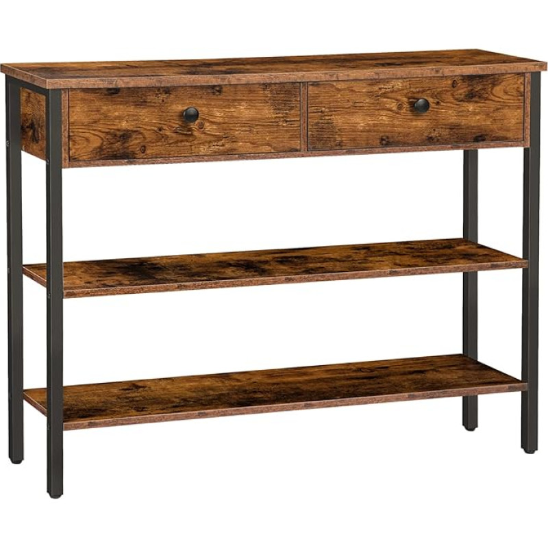 HOOBRO EBF32XG01 Console Table, Hallway Table with Drawer and 2-Tier Shelves, Sofa Table with Sturdy Metal Frame, 100 x 24 x 80 cm, for Entrance, Hallway, Living Room, Vintage Brown/Black