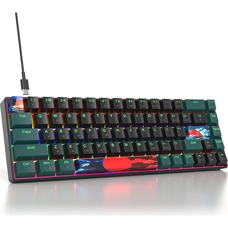 SOLIDEE Mechanical Gaming Keyboard 65%, 68 Keys with Linear Red Switch, Wired Mechanical Keyboard with LED Backlight, Mixed Light, Compact (68 Black-Green)