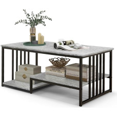 LIFEZEAL Marble Look Coffee Table, Living Room Table with 2 Open Shelves, Sofa Table with Metal Frame, Rectangular Coffee Table for Living Room, Office, 110 x 60 x 45 cm, Grey