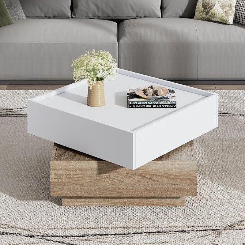 BTM Functional Coffee Table, Living Room Table, 360° Rotatable Table Top with 2 Levels and Storage Cabinet, Side Table with Walnut Frame for the Living Room, White, 60 x 60 x 38 cm