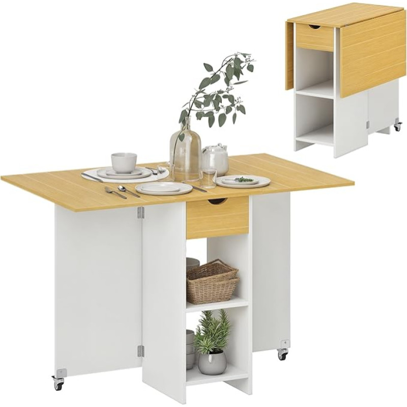 HOMCOM Folding Dining Table, Folding Table for 2-4 People, Modern Kitchen Table Space-Saving with Drawer, 2 Shelves and 2 Wheels, Wood, 114.5 x 70 x 75 cm, Oak