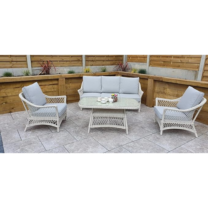 White Rose 5 Seater Sofa Set with Light Grey Cushions and Stylish Coffee Table - Modern Living Room Furniture for Comfort and Elegance