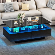 YITAHOME Coffee Table Black Living Room Table High Gloss with 16-Colour LED Lighting Modern, Side Table Black with Open Display Shelf and 4 Pull-Out Drawers 90 x 55 x 41.1 cm