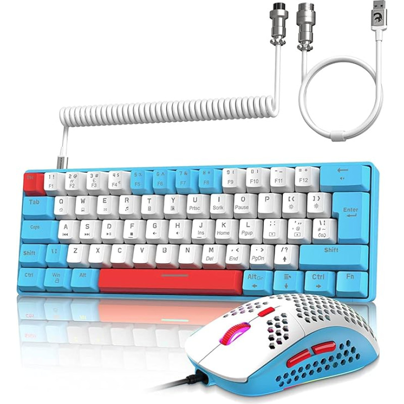 ZIYOU LANG Wired Gaming Keyboard and Mouse Combo with Spiral USB-C Cable T60 Pro - Compact 60% UK Layout (QWERTY) Mechanical Keyboard Linear Red Switch, 6400DPI Ultra-Light RGB Mice for PC/Mac - Blue