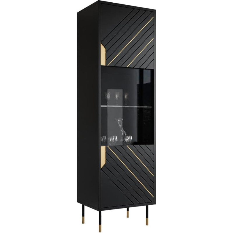 Mirjan24 Murni 54 Standing Display Cabinet, Metal Feet, Gold-Painted Elements, W 54 x H 180 x D 40 cm, Glass Display Cabinet, Living Room Cabinet with Compartments, Tall Cabinet (Black/Black + Gold)