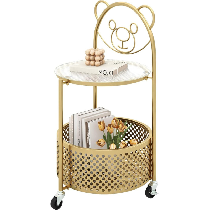COSTWAY Glass Side Table with Wheels, 2-Tier Glass Table Round with Bear Pattern, Bedside Table with Storage Basket, Coffee Table, Modern for Living Room, Bedroom, 40 x 36.5 x 71 cm (Gold)