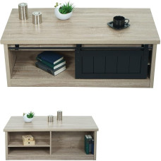 Mendler HWC-K75 Coffee Table Living Room Table Sliding Door 6 Storage Compartments Wood Look Metal 44 x 120 x 60 cm Natural Colour