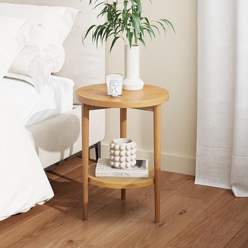 Nathan James Sonia Boho Round Accent Side Table, Natural Light Wood Sofa Side Table with Rattan Storage Shelf for Living Room, Bedroom or Kids Room, Light Brown