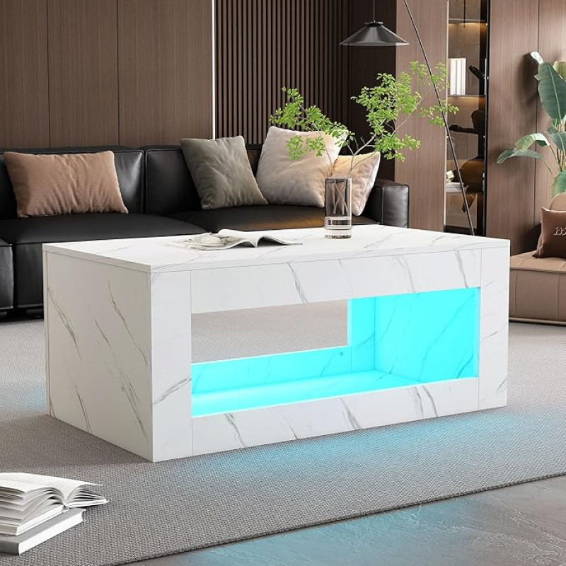 Merax Modern LED Coffee Table with Remote Control - White High Gloss Coffee Table with 16 Colours LED Light, USB Power, Marble Print, 100 x 50 x 50 cm, Storage Space for Living Room