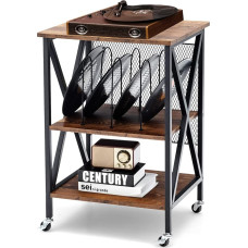 COSTWAY 3-Tier Side Table with Record Shelves, Industrial Wooden Record Player Stand, Sofa Table with Metal Frame & Lockable Wheels for Living Room, Bedroom, 52 x 45 x 75 cm