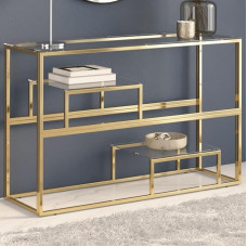 Gecheer Console Table, Side Table with Glass Top, Simple Coffee Table with Stainless Steel Frame, Sofa Table, Hallway Table, Entrance Table, Golden Stainless Steel, Tempered Glass