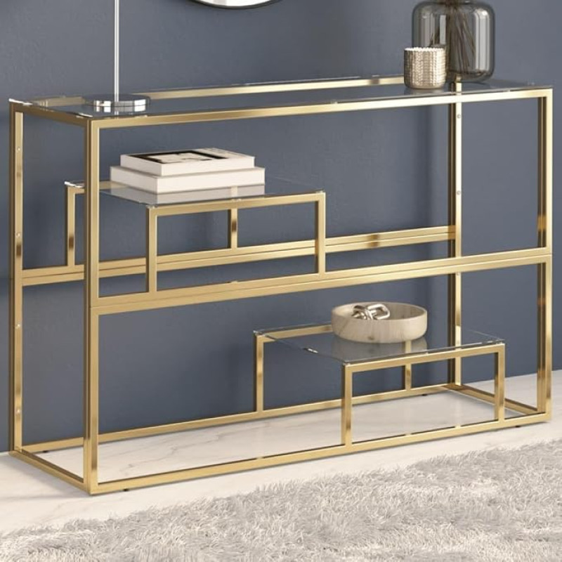 Gecheer Console Table, Side Table with Glass Top, Simple Coffee Table with Stainless Steel Frame, Sofa Table, Hallway Table, Entrance Table, Golden Stainless Steel, Tempered Glass