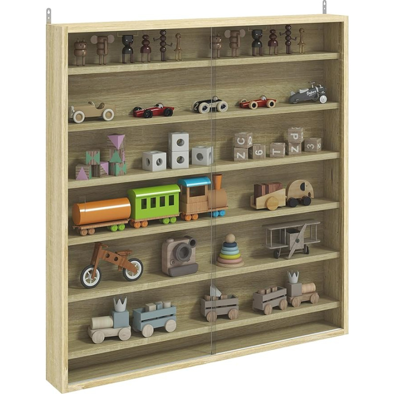 HOMCOM 7 Tier Wall Display Cabinet with 6 Adjustable Shelves, Glass Doors for Home Office Ornaments 83 x 80 cm, Oak