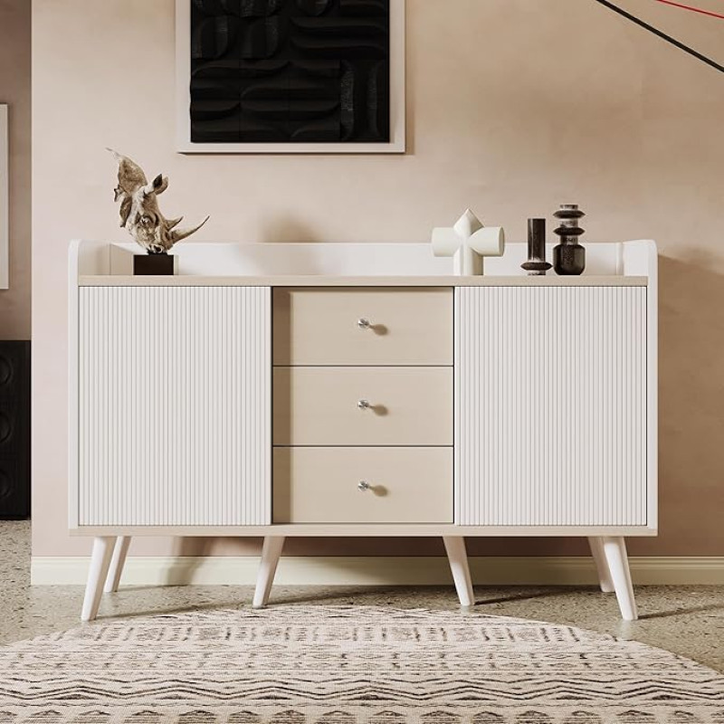 BTM Sideboard with Three Drawers, Exquisite Grain for Bedroom and Living Room, Modern Wood Colour Sideboard with Storage Shelves. L117.5 cm