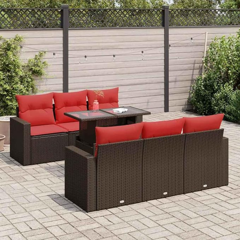 Rantry 7-TLG. Garten-Sofagarnitur mit Kissen Braun Poly Rattan Akazie Gartenlounge Model3326265
