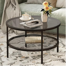 Yusong Round Glass Coffee Table for Living Room 2 Tier Round Coffee Table with Storage Space 26