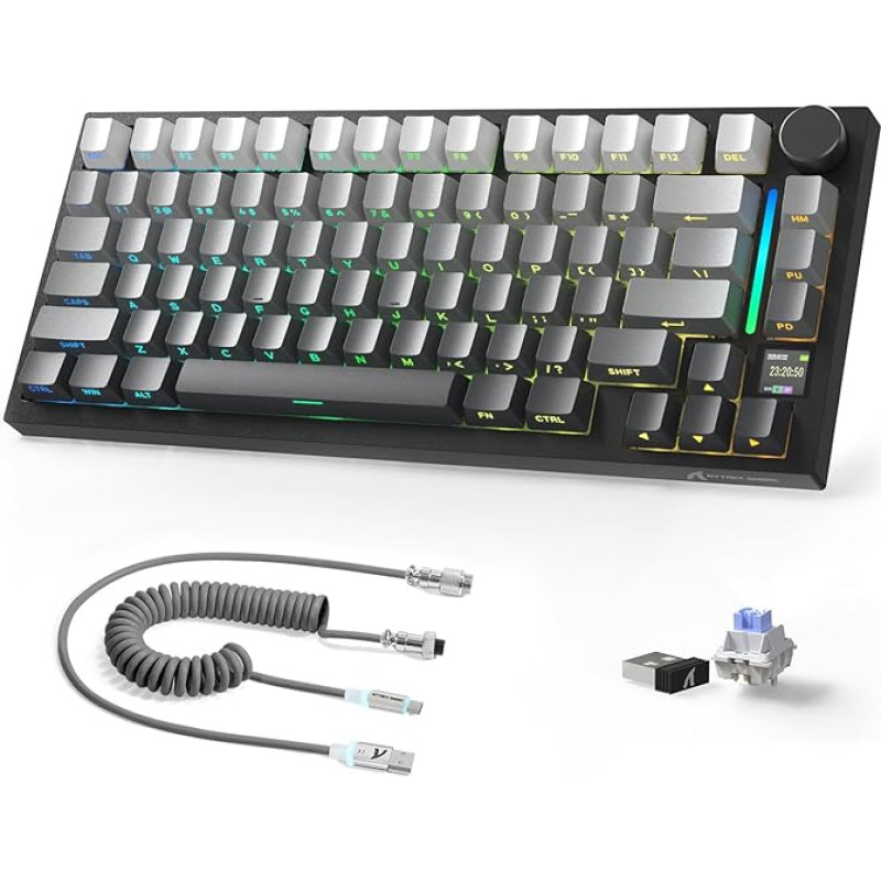 AJAZZ X ATTACKSHARK 75% X820Ultra Wireless Mechanical Keyboard & C01 Ultra Cable, 2.4G/BT/USB-C Wired, 80 Keys, TFT Colour Display & CNC Button, RGB, Hot-Swap, 4000 mAh Black Gradient (Shark Switch)