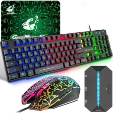 Gaming Keyboard and Mouse Set with Adapter, QWERTZ German Layout Colour Lighting Keyboard 6 Buttons 2400 DPI Mouse and Mouse Mat, USB Wired Ergonomic Design Compatible with PS4 Xbox Switch, Black