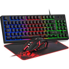 Rewurnth Gaming Keyboard and Mouse Set, QWERTZ DE Layout, 75% TKL, RGB Backlit Wired Keyboard, Ergonomic 4-Colour LED Gaming Mouse, Large Mouse Mat, USB Plug & Play for PC