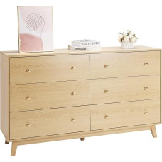 VEVOR Chest of Drawers with 6 Drawers & Tilt Protection, Minimalist Modern Drawer Cabinet (39.9 x 137.2 x 81.3 cm) Organiser Drawer Chest of Drawers for Living Room Bedroom Entrance Area (Light Wood)