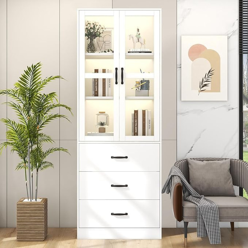 Merax Display Cabinet with LED Lights, Modern Standing Display Cabinet with 2 Glass Doors and 3 Drawers, Glass Display Case Highboard with Lots of Storage Space, Storage Cabinet, Bookcase for Living