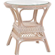 Krines Home Rattan Table, Side Table, Country House Rattan Table with Glass Top, Living Room, Coffee Table (Vintage White, Diameter 65 cm)