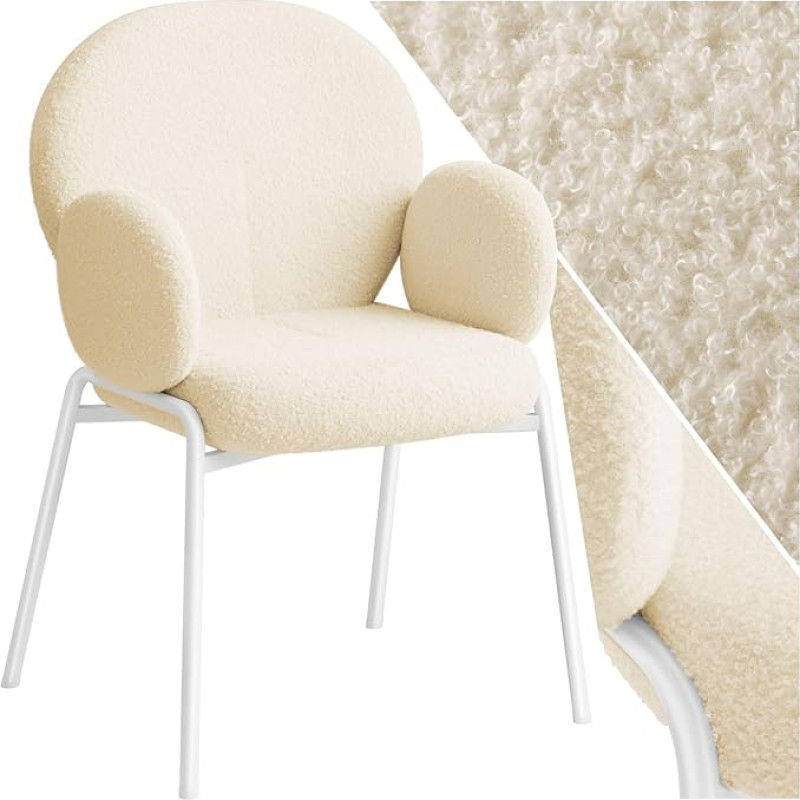 tectake® Dining Room Chair with Armrest, Living Room Chair, Dining Chair, Lounge Chair Scandinavian, Upholstered Chair, Comfortable, Bouclé Teddy Fabric Cover, Statement Furniture for Bedroom (Cream)