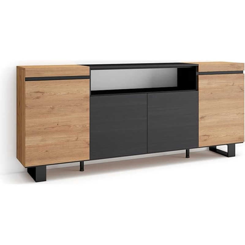 Skraut Home Sideboard, Highboard, Chest of Drawers, Chest of Drawers, 200 x 87 x 35 cm, 4 Doors, Industrial Design, Modern Style, Oak Black