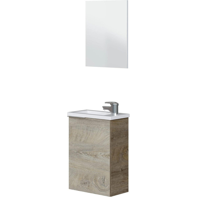 Habitdesign Compact Alaska Oak Bathroom Cabinet with Mirror and Basin Wall Unit 40 x 58 x 22 cm