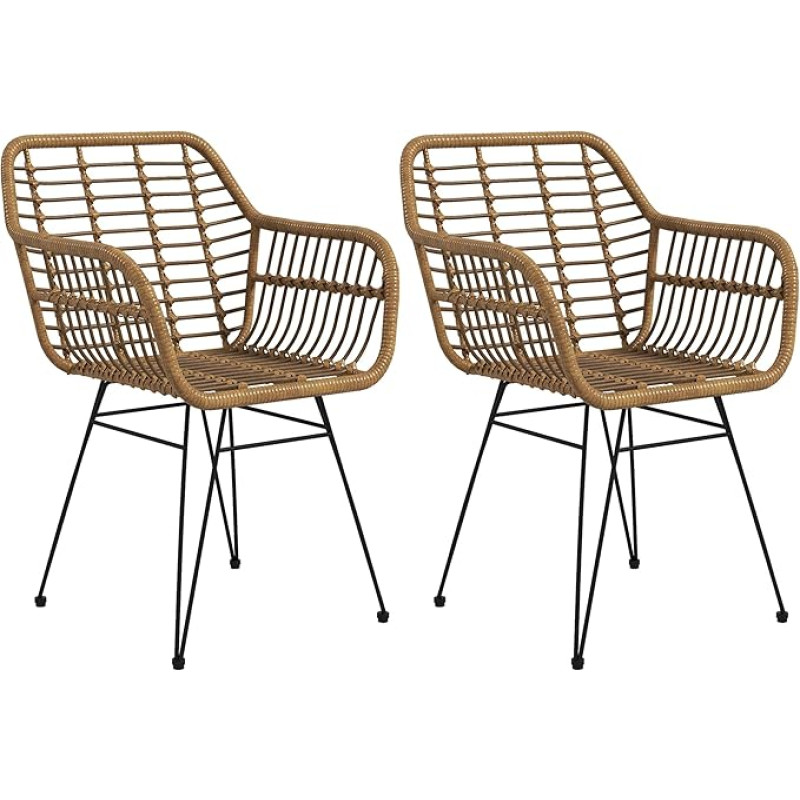 HOMCOM Dining Room Chairs, Set of 2, Kitchen Chairs with Backrest, Artificial Rattan Look, Armchairs with Foot Cushion, Living Room Chair, Chairs with Steel Legs for Dining Table, Light Brown + Black