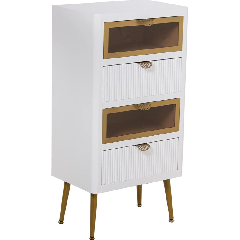 DRW Symphonier with 2 Drawers in Wood and 2 Glass, White and Gold, 45 x 30 x 60 cm, Height 20.5 cm