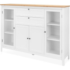 KHG Highboard 4-Door Country House, 2 Glass Doors and 2 Drawers, Display Cabinet Made of Wood Material White Foiled, Top Plate Wood Effect Branch Oak Foiled, Silver Metal Handles, 80 x 90 x 40 cm (W x