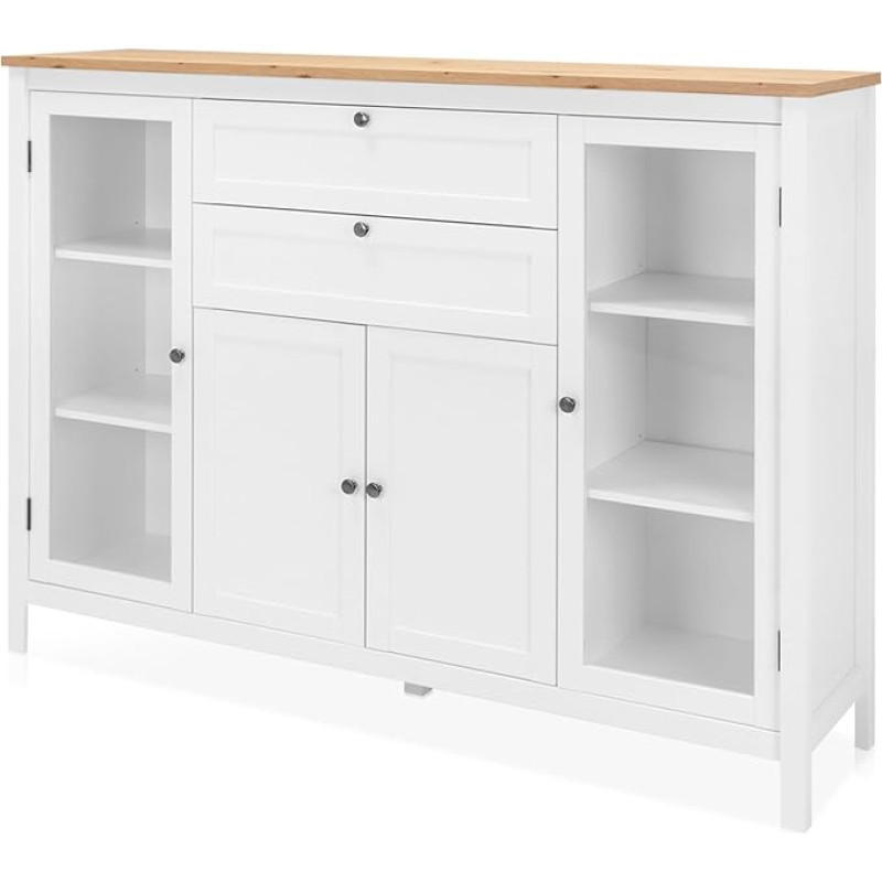 KHG Highboard 4-Door Country House, 2 Glass Doors and 2 Drawers, Display Cabinet Made of Wood Material White Foiled, Top Plate Wood Effect Branch Oak Foiled, Silver Metal Handles, 80 x 90 x 40 cm (W x