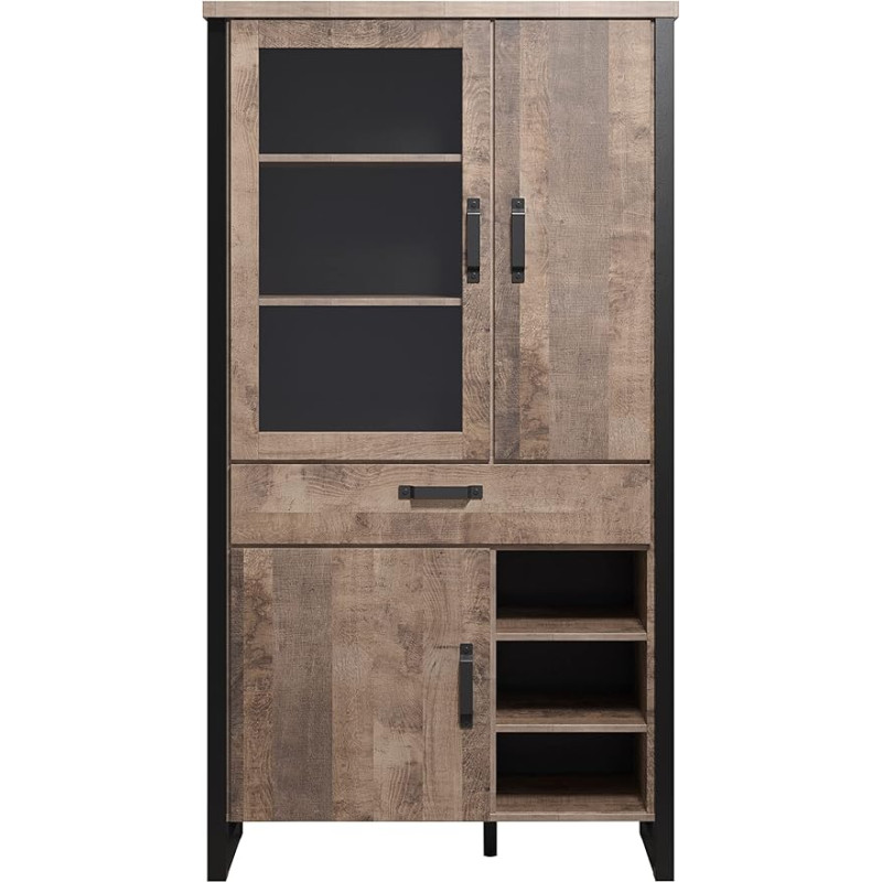 trendteam smart living - Emile - Display Cabinet - Oak / Black - Spacious Cabinet in Rustic Look - (W x H x D) 106 x 195 x 45 cm - Living Room Cabinet with Special Handles - 11 Compartments and 1