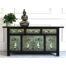OPIUM OUTLET Chest of Drawers Sideboard Buffet Chinese Asian Oriental Vintage Shabby Green/Black