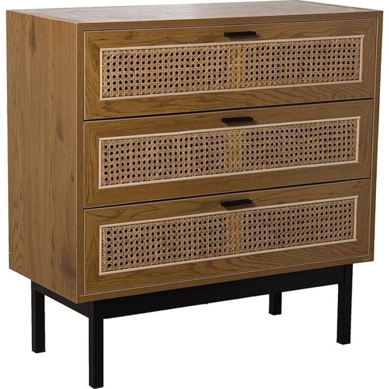 DRW Chest of Drawers with 3 Drawers Made of MDF, Willow and Metal in Natural and Black, 80 x 35 x 80 cm, Wood, Standard