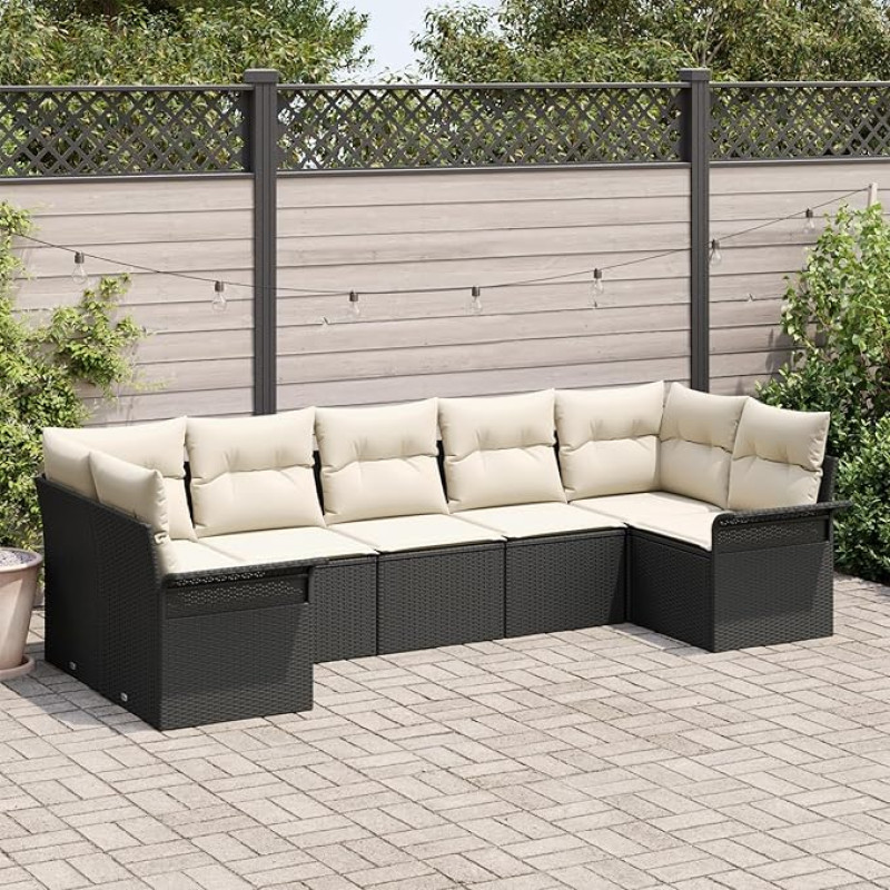 Rantry 7-teiliges Garten-Sofa-Set mit Kissen Schwarz Poly-Rattan, 2-Sitzer Garten-Sofa mit Stauraum & Kissen Schwarz Poly-Rattan Gartenlounge Model3354176